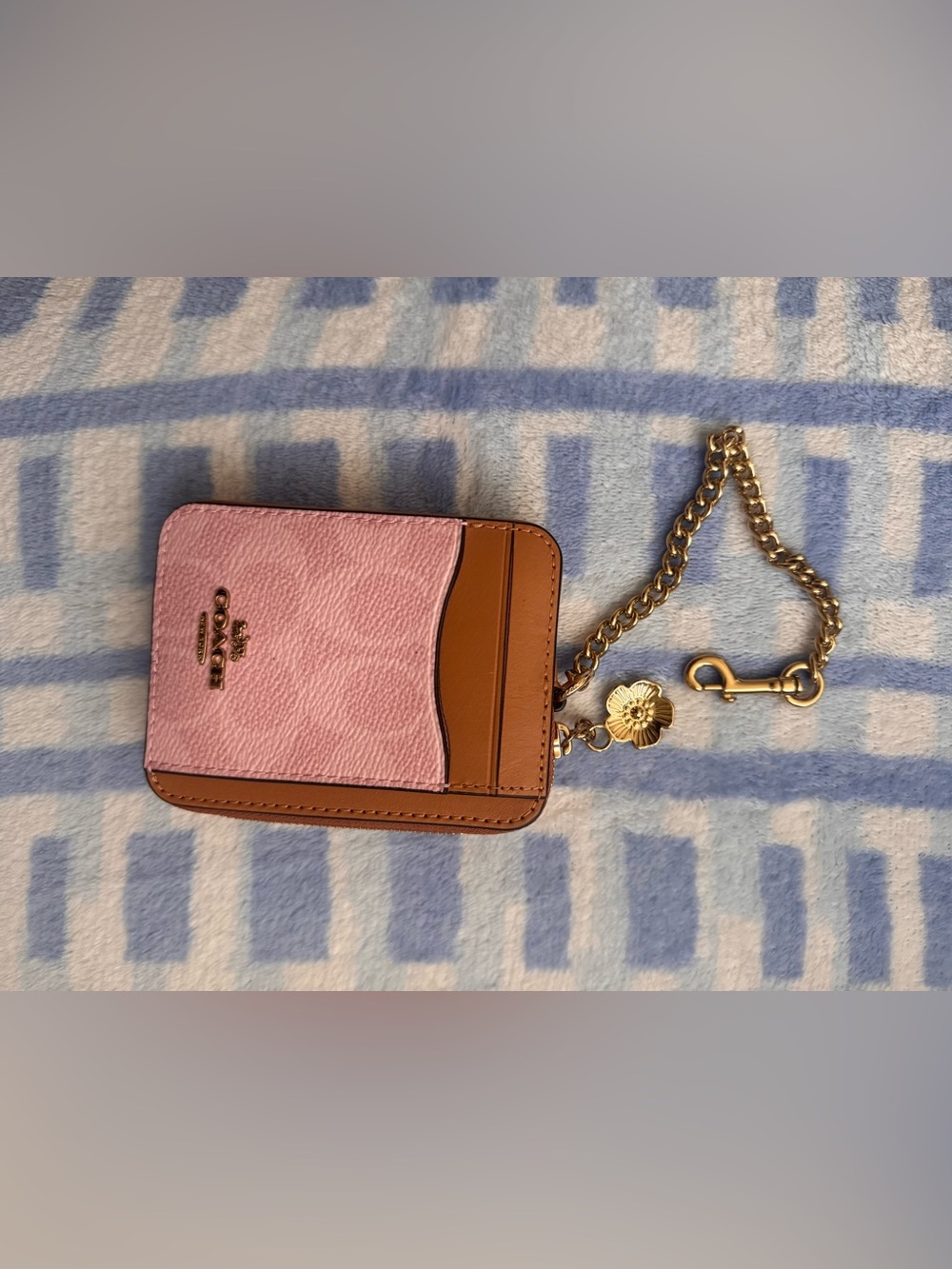 Coach Pink and Tan Leather Card Case with Gold Chain Charm